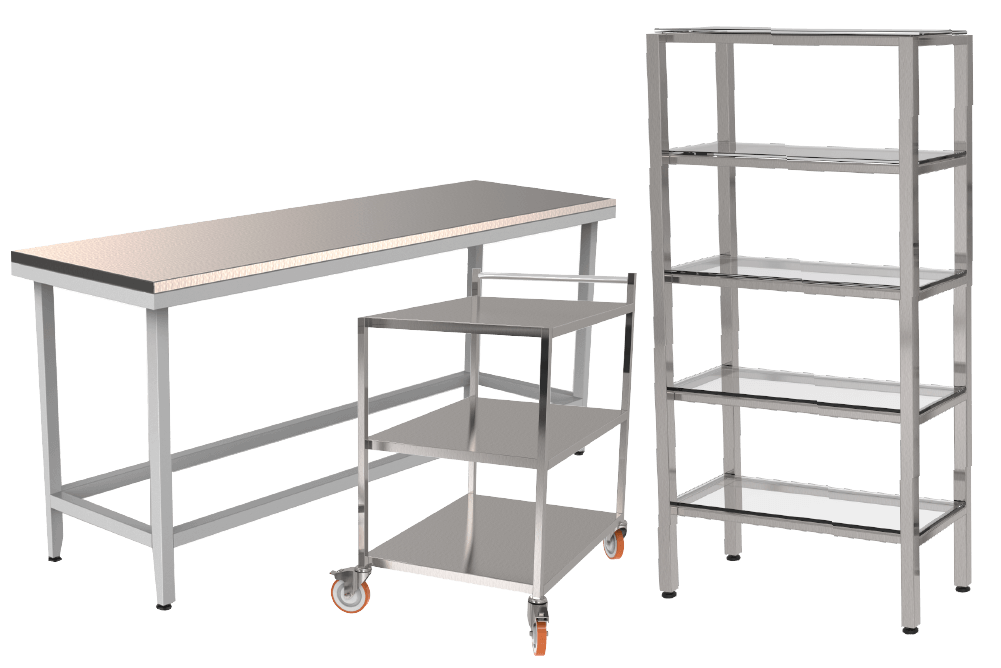 estanterias, carros, mesadas y armarios de acero inoxidable para laboratorios